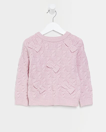 Mini Girls Pink Cable Knit Bow Jumper