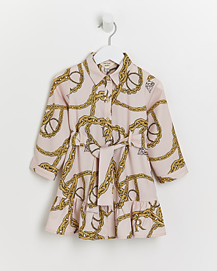 Mini girls pink chain print shirt dress