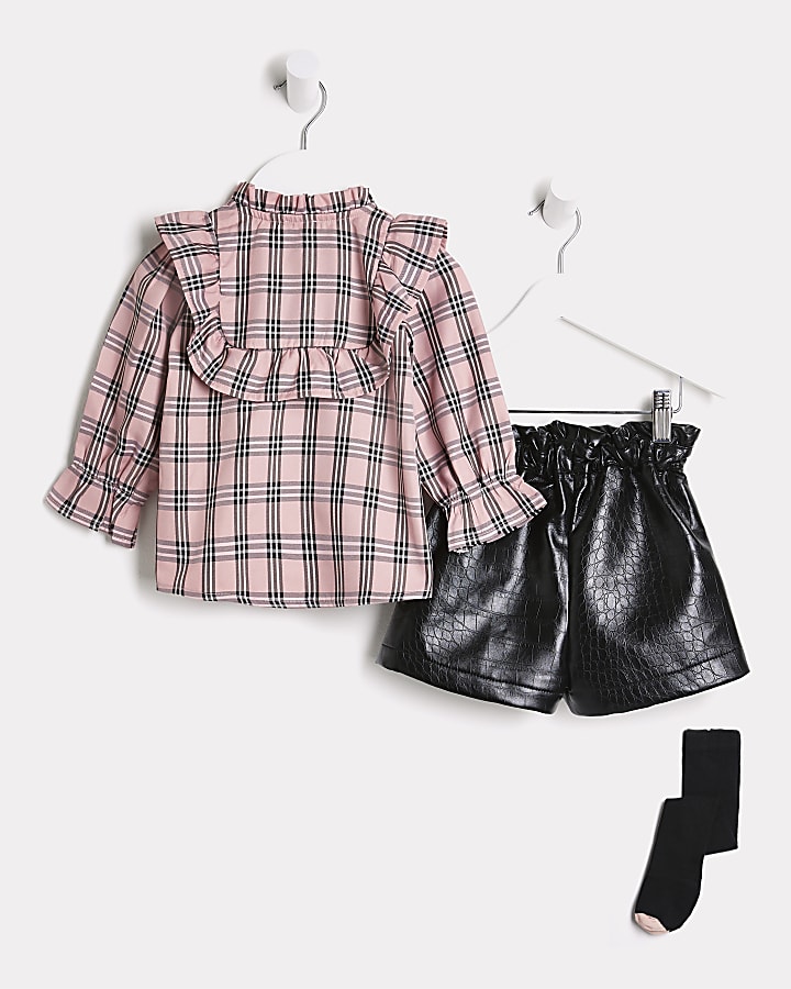 Mini girls pink check blouse and short outfit