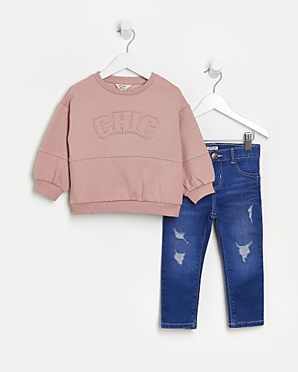 Mini girls pink chic sweatshirt and jeans set