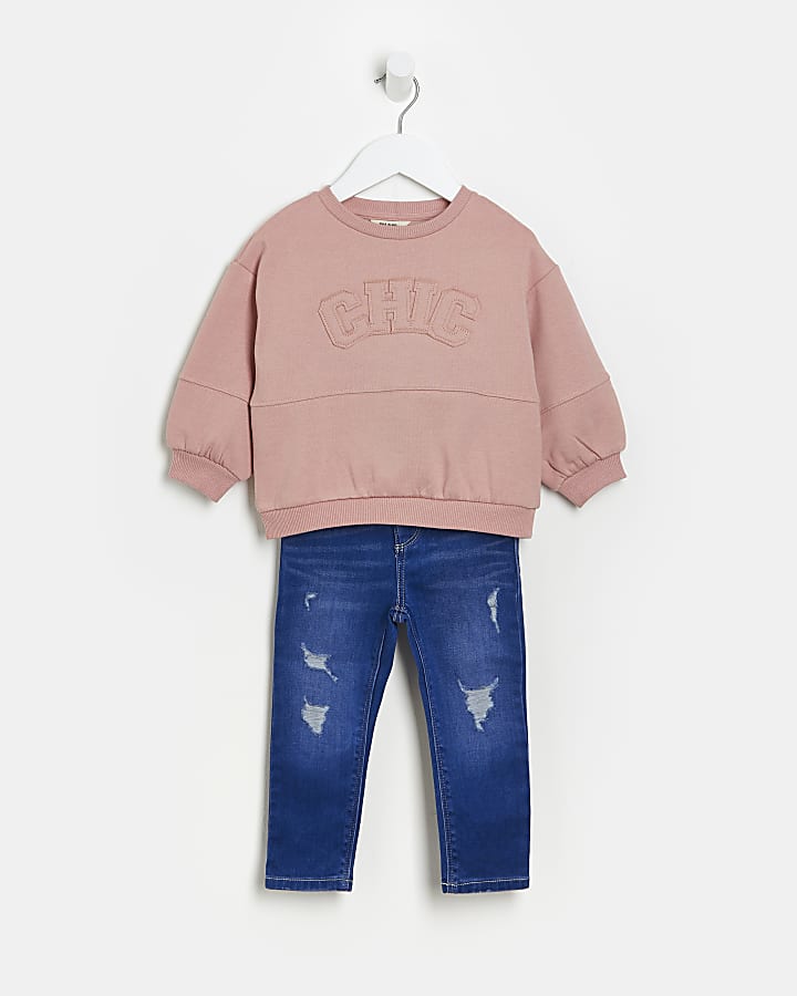 Mini girls pink chic sweatshirt and jeans set