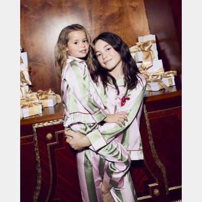 Mini Girls Pink Christmas Stripe Pyjama Set River Island