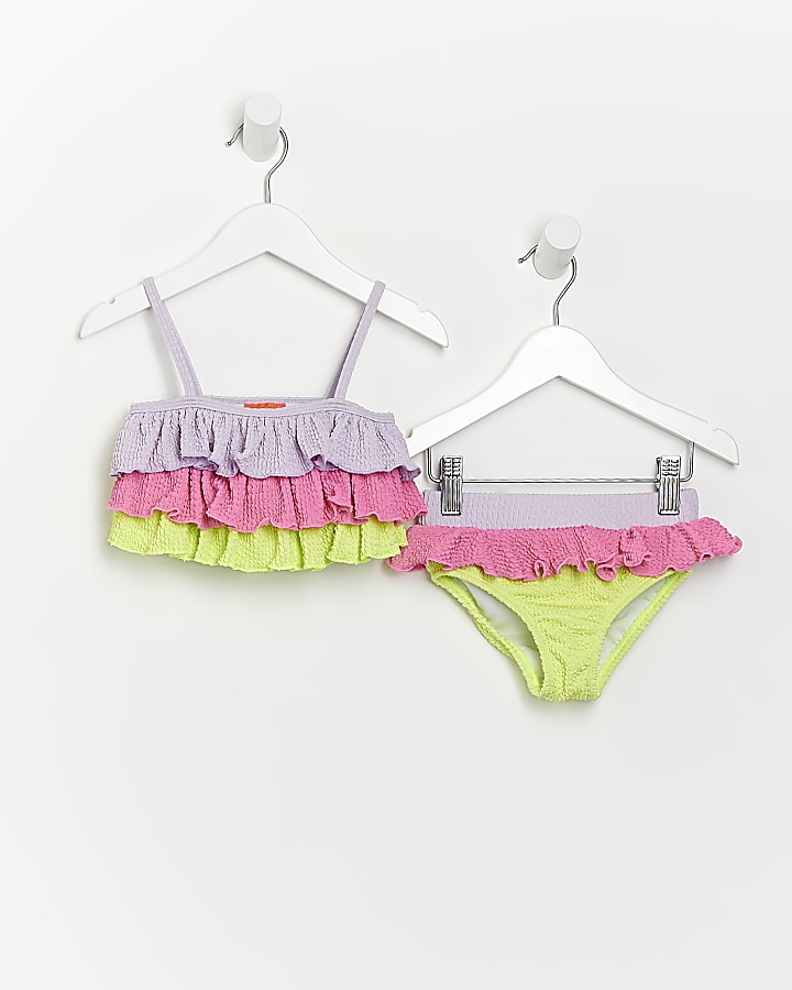 Mini girls pink colour block frill bikini