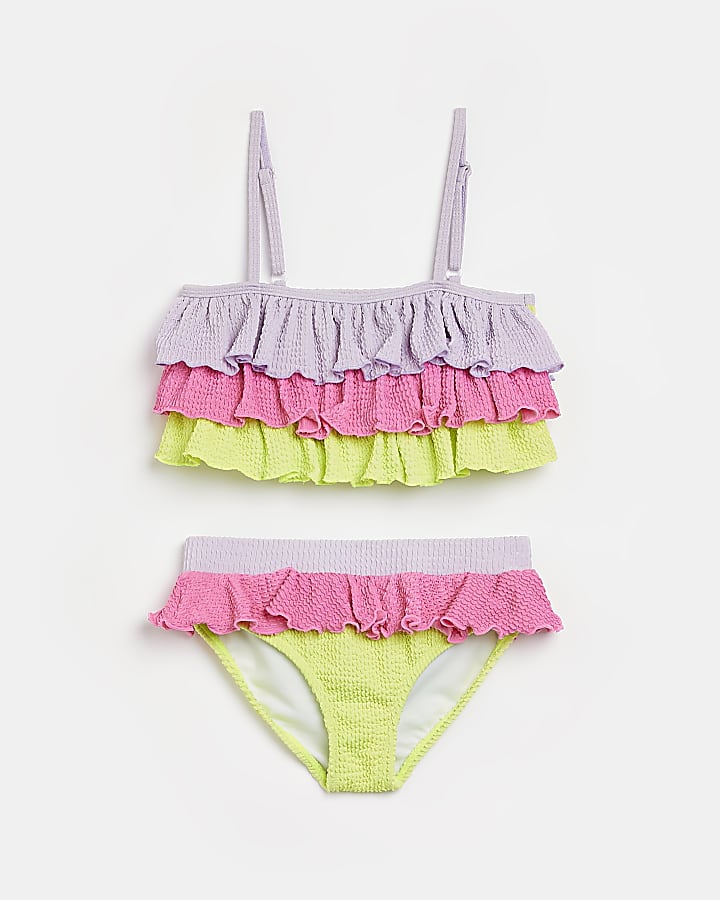 Mini girls pink colour block frill bikini