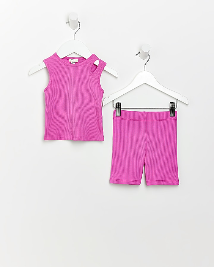 Mini girls pink cut out crop vest outfit