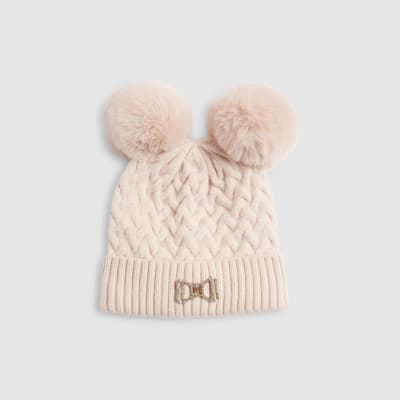 Mini Girls Pink Double Pom Pom Beanie Hat
