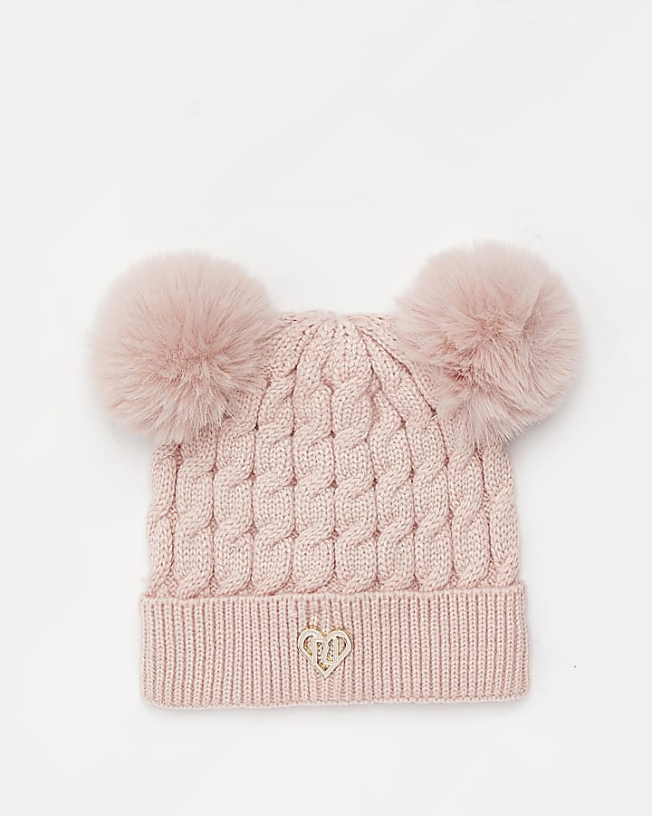 Mini girls Pink Double Pom Pom Beanie Hat