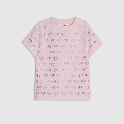 Mini Girls Pink Embellished Bow Print T-Shirt