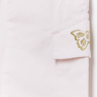 Mini Girls Pink Embroidered Cargo Trousers