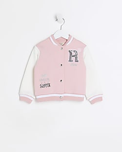 Mini girls pink embroidered varsity jacket