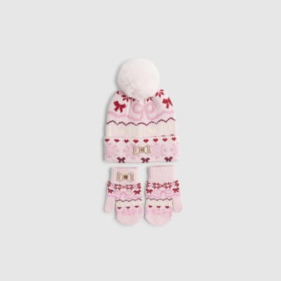 Mini Girls Pink Fairisle Beanie Hat Set