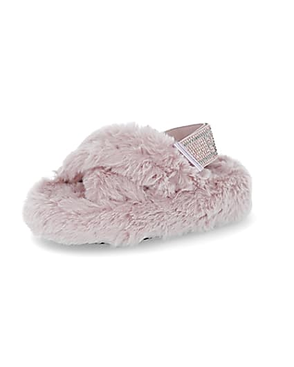 360 degree animation of product Mini girls pink faux fur bling strap slippers frame-1