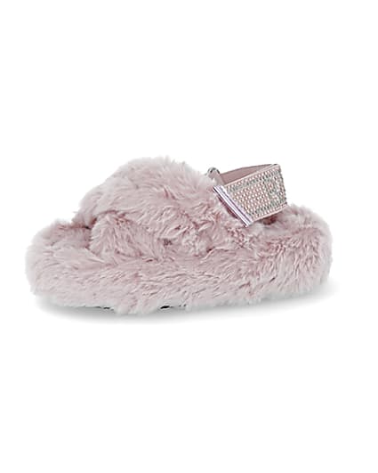 360 degree animation of product Mini girls pink faux fur bling strap slippers frame-2