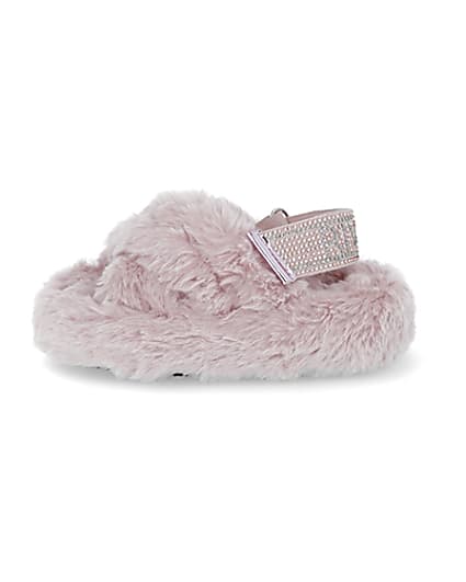 360 degree animation of product Mini girls pink faux fur bling strap slippers frame-3
