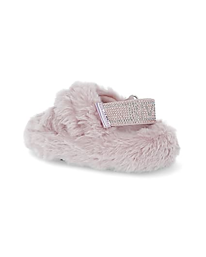 360 degree animation of product Mini girls pink faux fur bling strap slippers frame-5