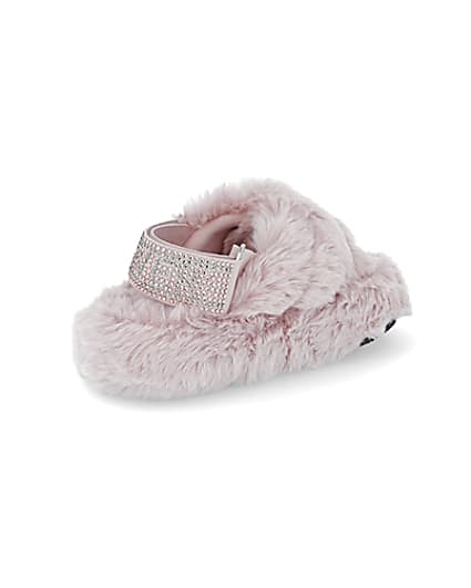 360 degree animation of product Mini girls pink faux fur bling strap slippers frame-12