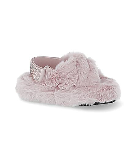 360 degree animation of product Mini girls pink faux fur bling strap slippers frame-16