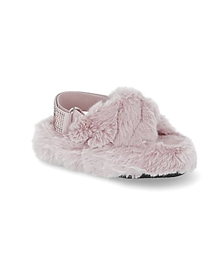 360 degree animation of product Mini girls pink faux fur bling strap slippers frame-17
