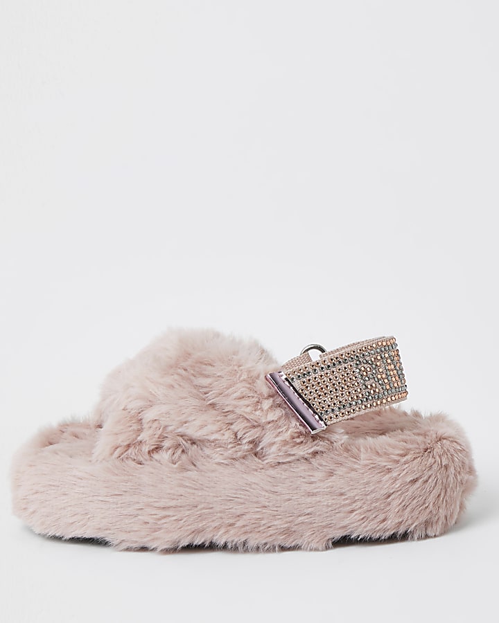 Mini girls pink faux fur bling strap slippers