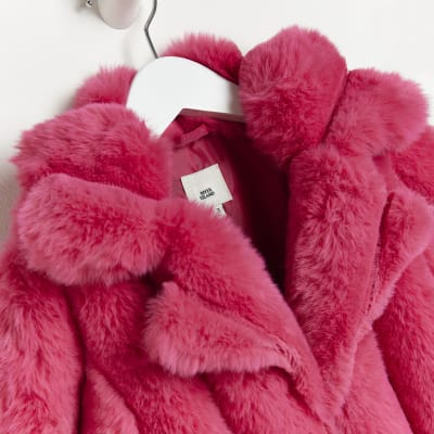Mini girls Pink Faux Fur Coat River Island