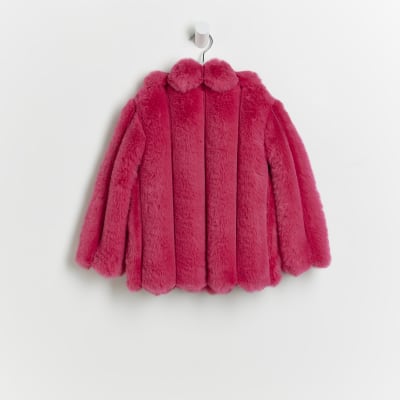Mini girls Pink Faux Fur Coat River Island