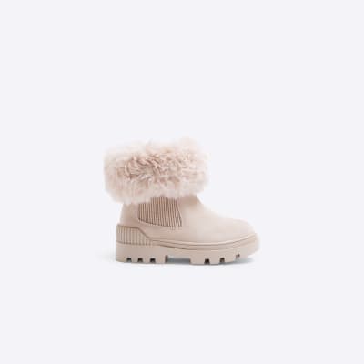 Mini Girls Pink Faux Fur Cuff Boots