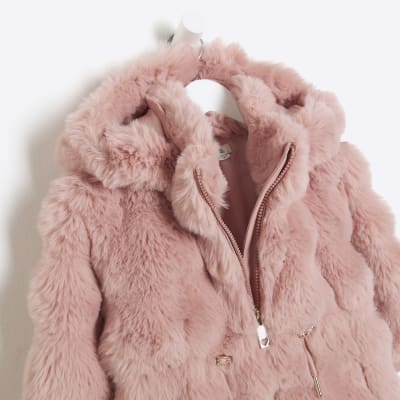 River Island Coat Pink Fur Collar Mini Girls Pink Faux Fur Hooded