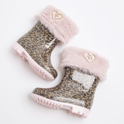 Mini Girls Pink Faux Fur Leopard Wellies River Island