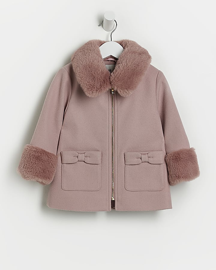 Mini Girls Pink Faux Fur Lined Woolen Coat
