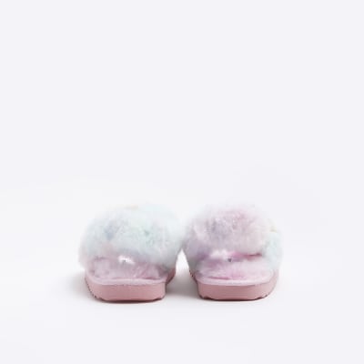 Mini girls pink faux fur slippers River Island