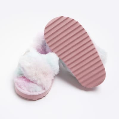 Mini girls pink faux fur slippers River Island