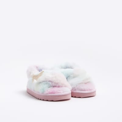 Mini girls pink faux fur slippers River Island