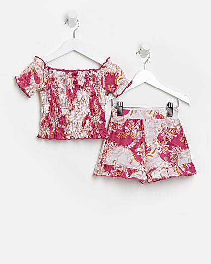 Mini girls pink floral bardot skirt outfit