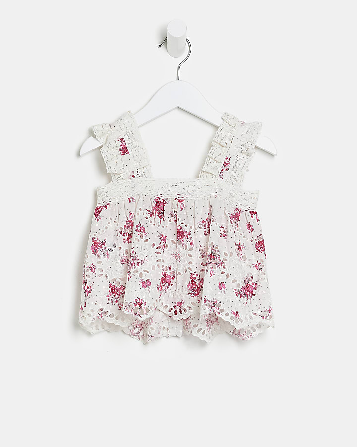 Mini girls pink floral button front cami top