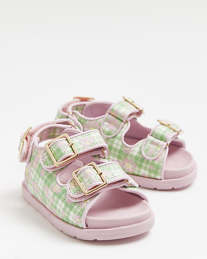 Mini girls pink floral check grandad sandals