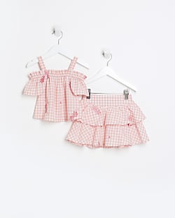 Mini girls pink floral embroidered check set