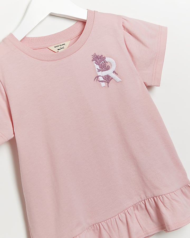 Mini girls pink floral frill hem t-shirt
