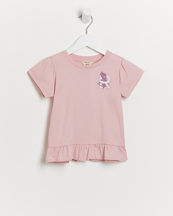 Mini girls pink floral frill hem t-shirt