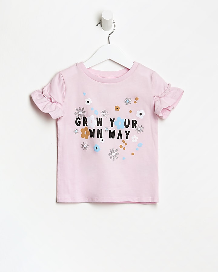 Mini girls pink floral frill t-shirt