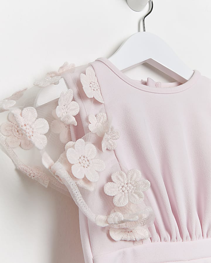 Mini girls pink floral lace sleeve playsuit