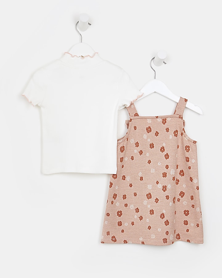 Mini girls pink floral print pinafore outfit