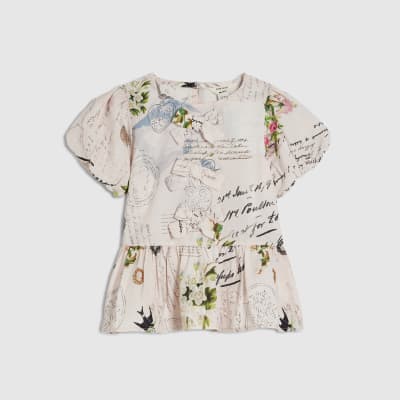 Mini Girls Pink Floral Puff Sleeve Blouse