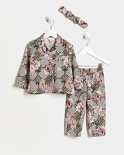 Mini girls pink floral RI monogram pyjama set