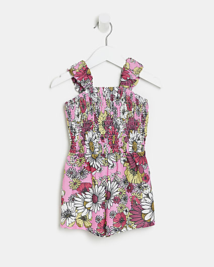 Mini girls pink floral ruched playsuit