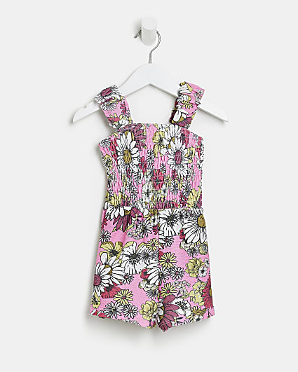 Mini girls pink floral ruched playsuit