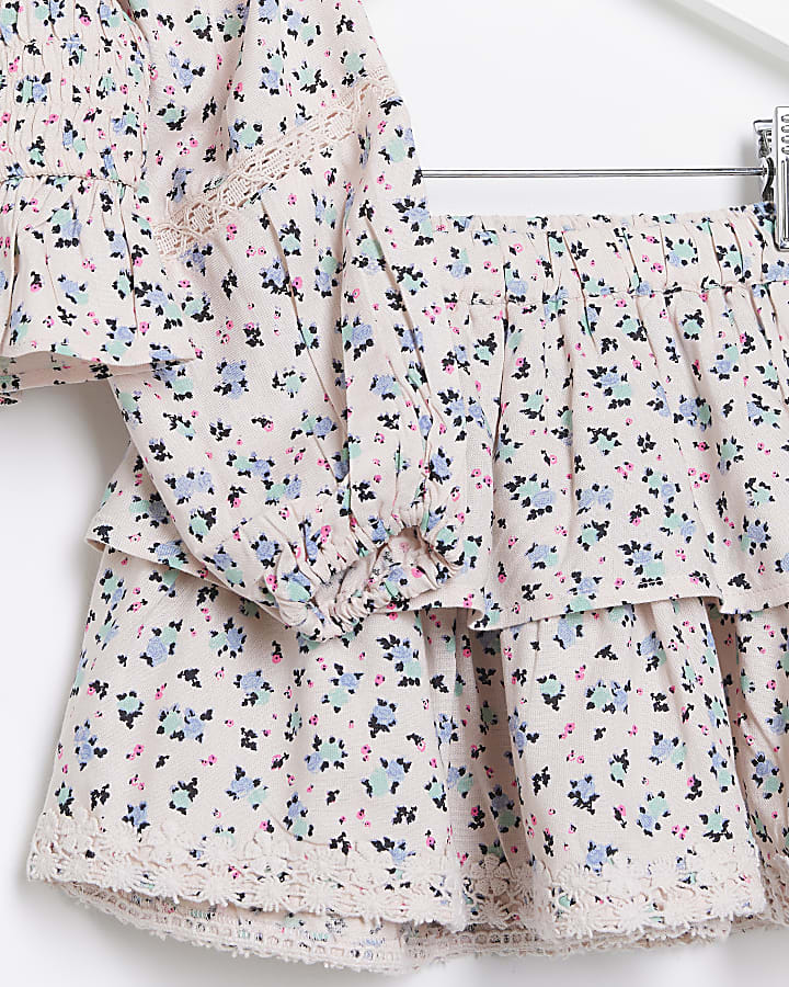 Mini girls pink floral shirred blouse set
