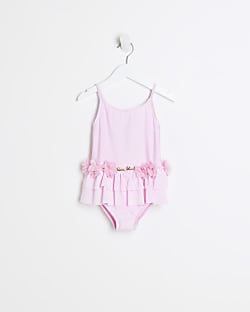 Mini girls pink flower detail peplum swimsuit