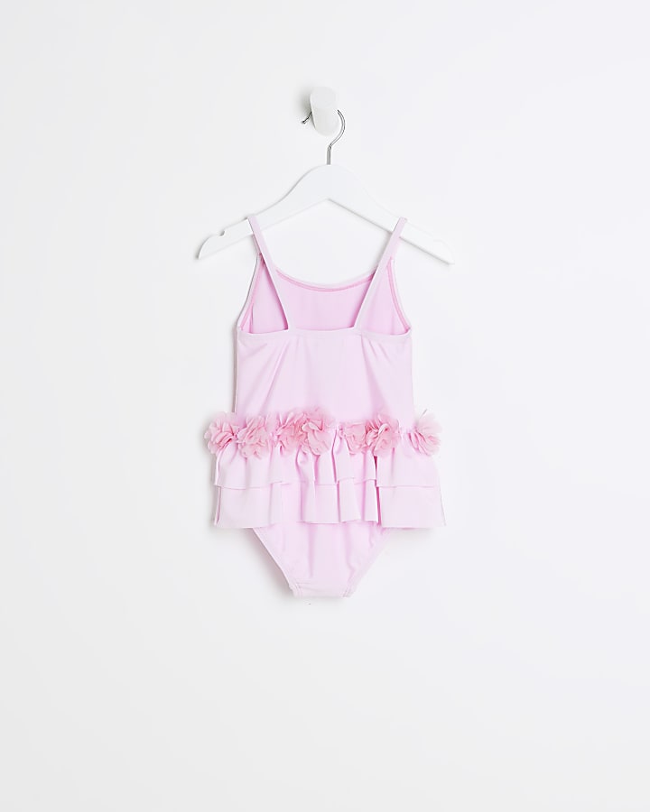 Mini girls pink flower detail peplum swimsuit | River Island