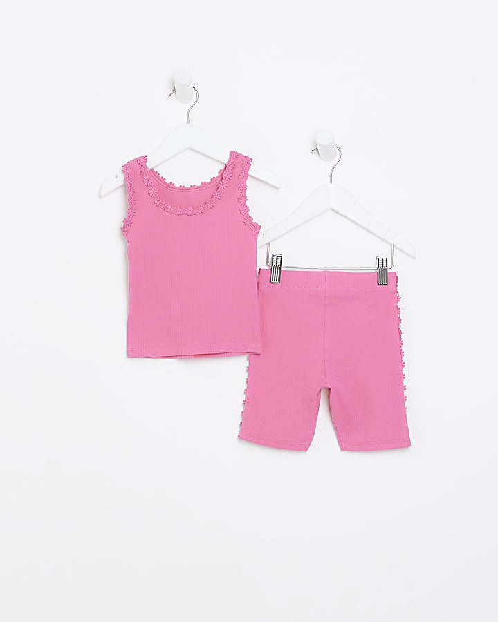 Mini girls pink flower trim vest set