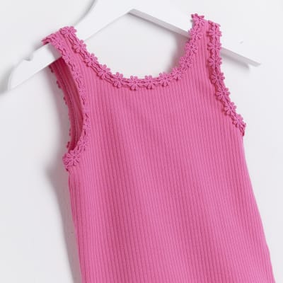 Mini Girls pink flower trim vest top
